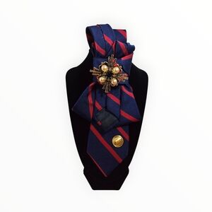 Elegant Blue and Red Striped Tie with Brooch
